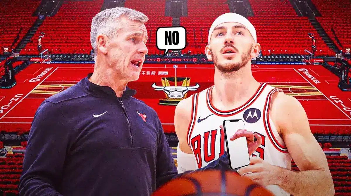 Bulls' Billy Donovan holding a cell phone. Have him saying the following: No. Bulls' Alex Caruso next to Donovan