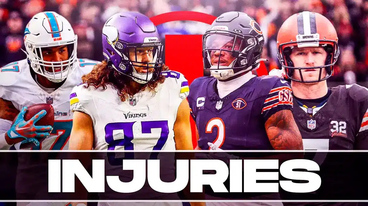 Jaylen Waddle, TJ Hockenson, DJ Moore, Dustin Hopkins all beside each other with Medical red cross symbols in the background.