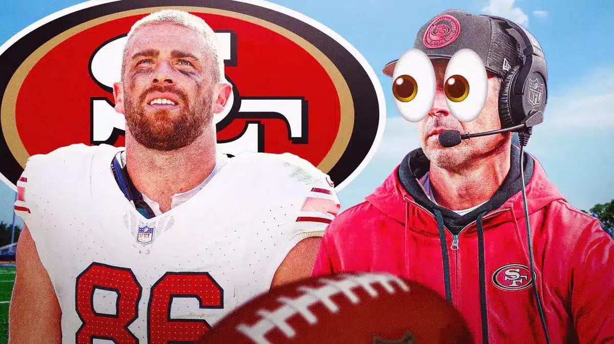Zach Ertz in a 49ers uniform, Kyle Shanahan next to him