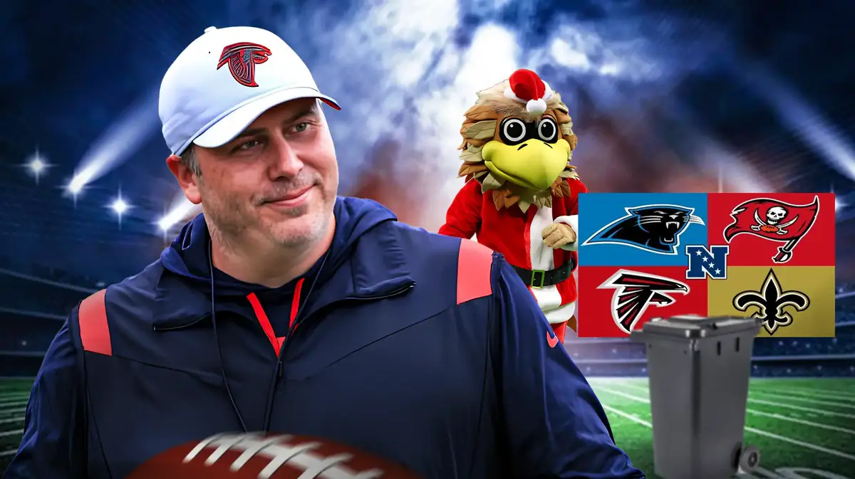 Arthur Smith breathing sigh of relief, Atlanta Falcon mascot holding on to ledge for playoff spot, NFC South with garbage emoji