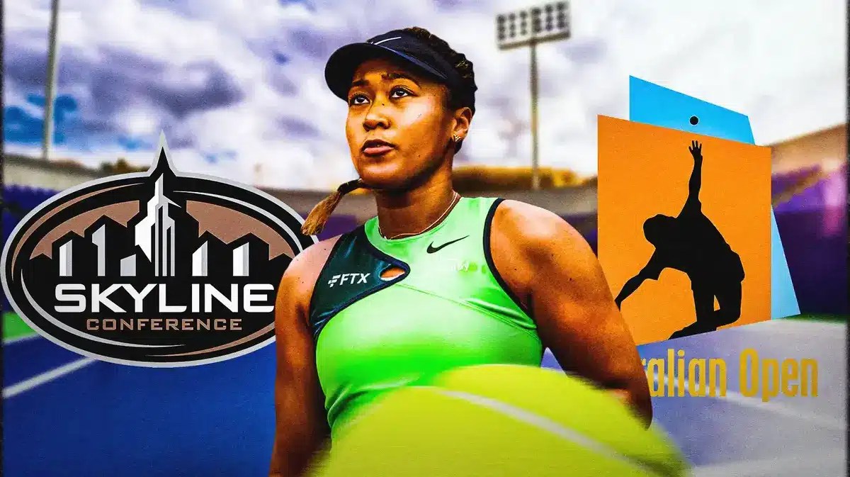 Naomi Osaka in her tennis gear, against a backdrop of the Melbourne skyline and the Australian Open logo