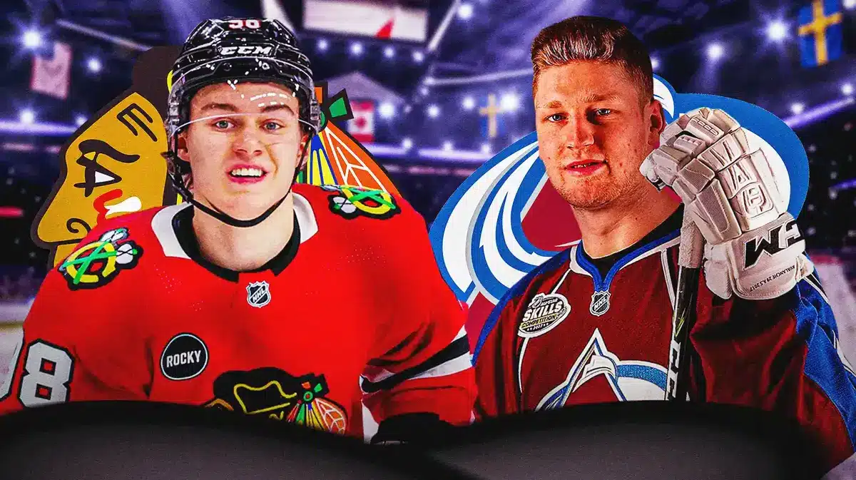 Nathan MacKinnon and Connor Bedard both in image looking happy, COL Avalanche and CHI Blackhawks logos in image, hockey rink in background