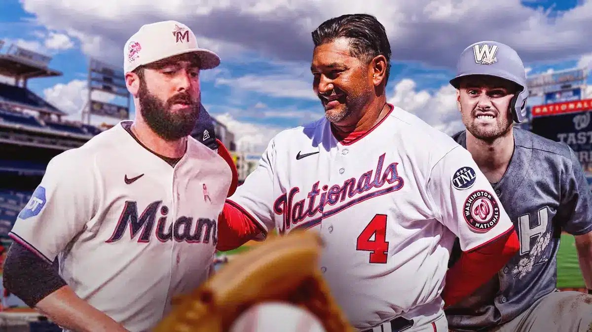 Nationals' Lane Thomas and Dave Martinez smiling at Dylan Floro