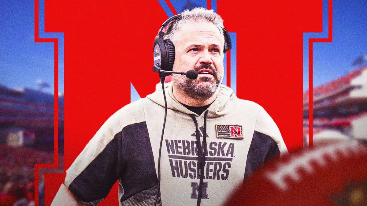 Nebraska football, Cornhuskers, Matt Rhule, Trev Alberts, Dylan Raiola, Matt Rhule with Nebraska football stadium in the background