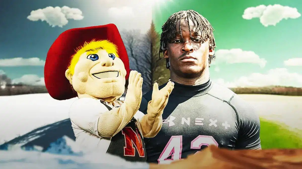 Willis McGahee IV (Nebraska football commit) with half snowy weather and half sunny weather in the background, add Nebraska football mascot
