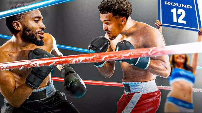 Nets' Mikal Bridges and Hawks' Trae Young as boxers, with the Round 12 sign being lifted