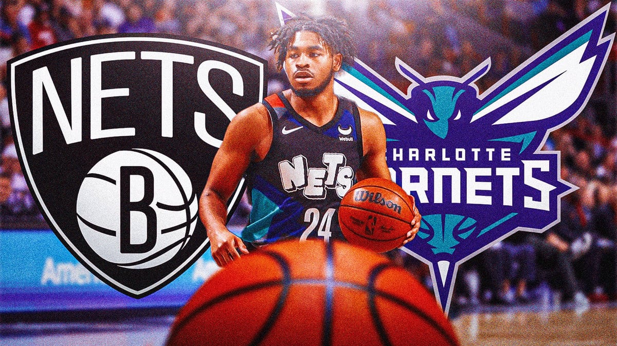 Cam Thomas in middle of image looking happy, BK Nets and CHA Hornets logos in image, basketball court in background