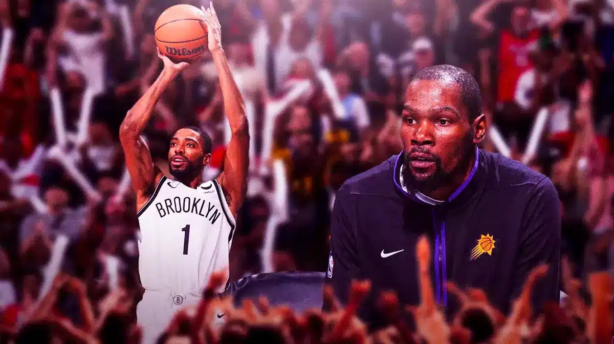 Nets' Mikal Bridges shooting a basketball. Suns' Kevin Durant sitting down on an NBA bench looking upset.