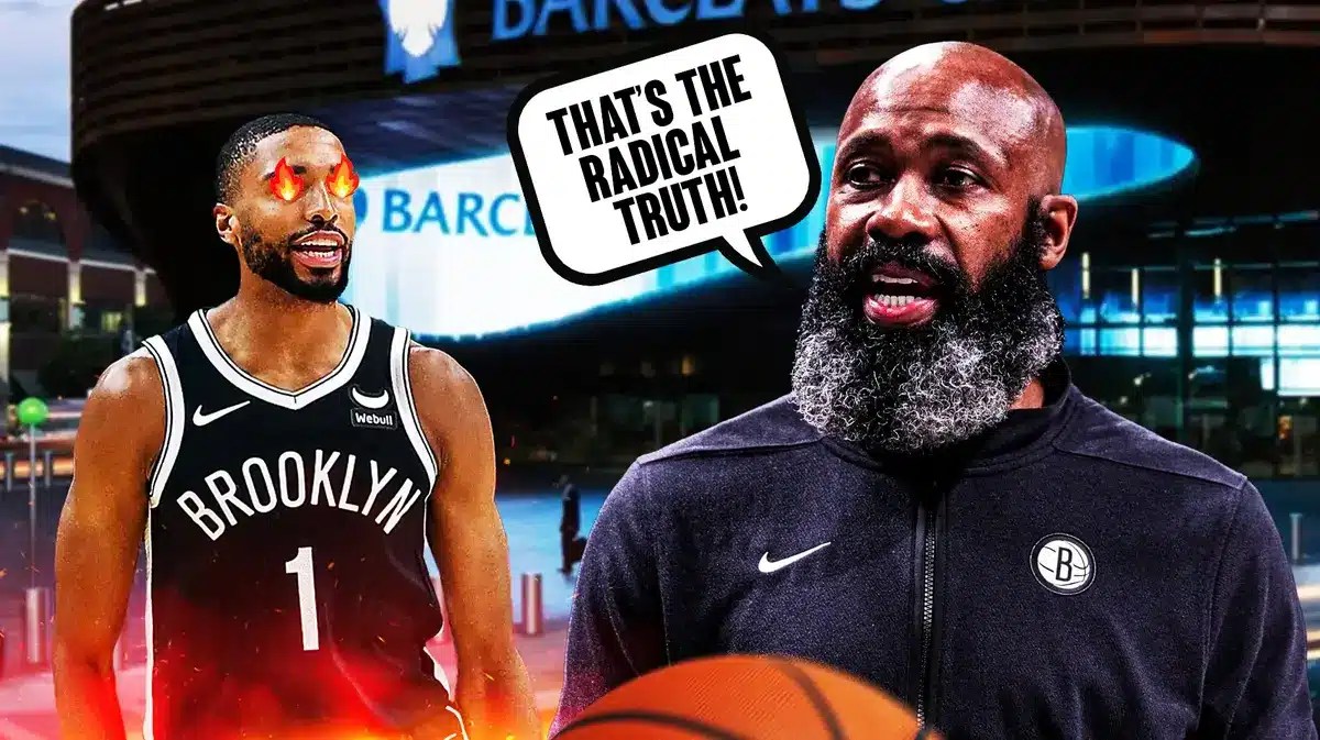 Jacque Vaughn with speech balloon that says: That’s the radical truth! Mikal Bridges with fire in his eyes