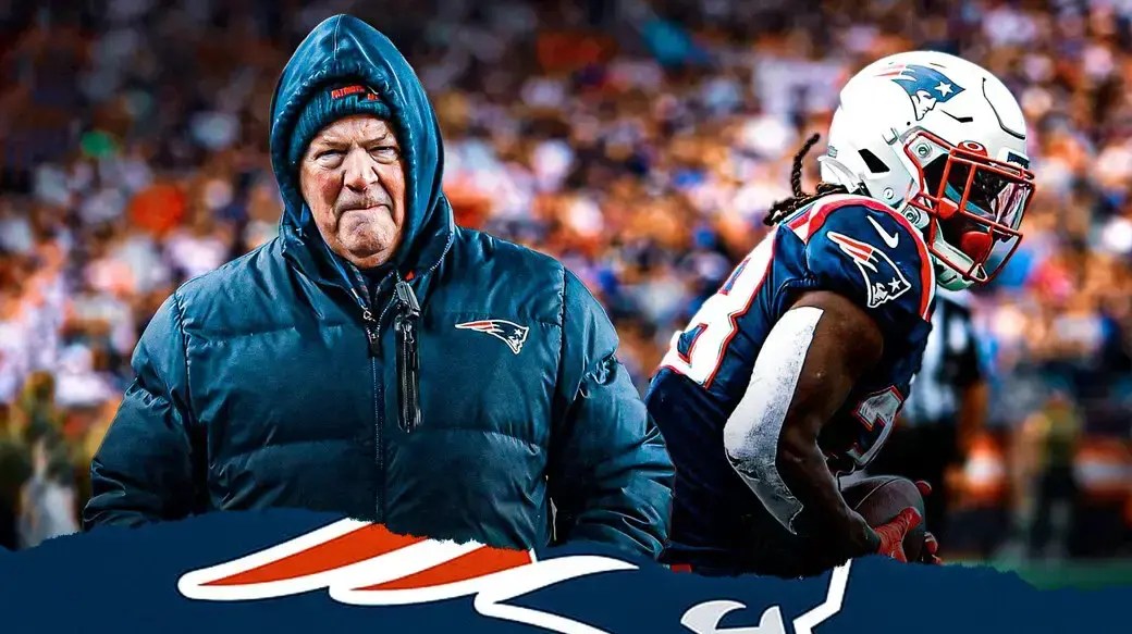 Bill Belichick looking sad and Patriots RB Rhamondre Stevenson in pain