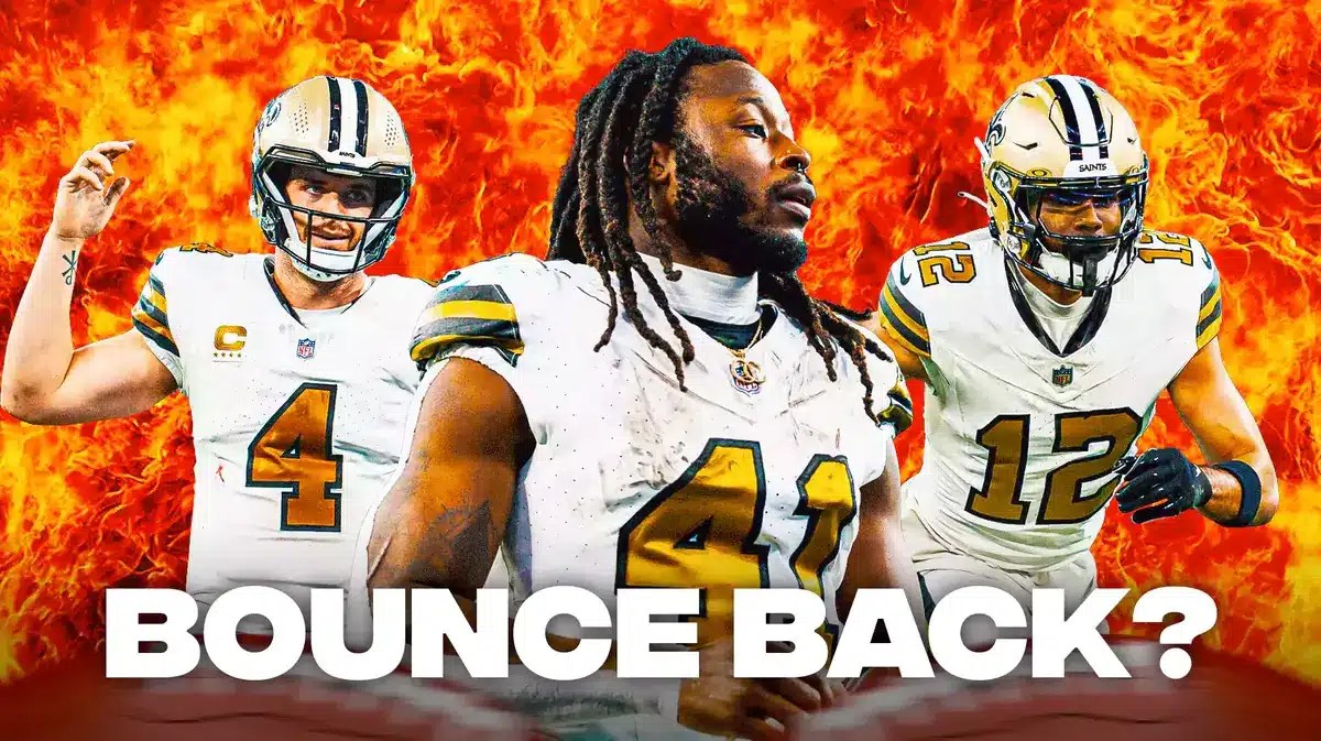 Derek Carr, Alvin Kamara, Chris Olave all beside each other with flames in the background.