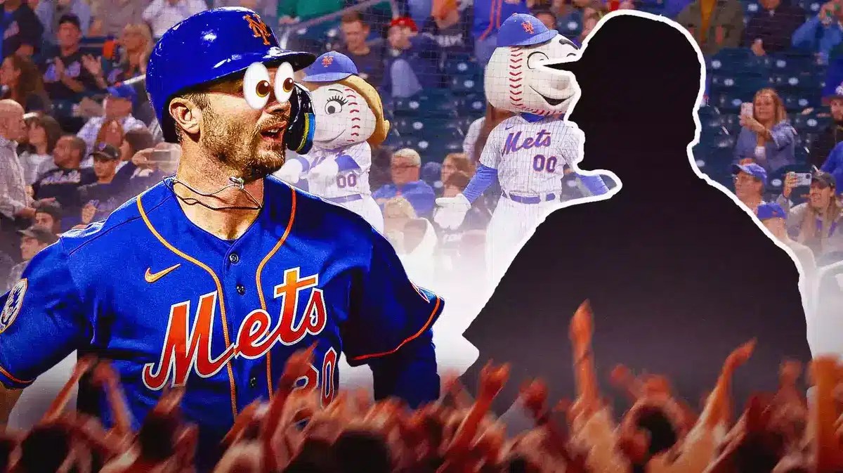 Pete Alonso (Mets) with eyes emoji and looking at a silhouette of Rylan Bannon