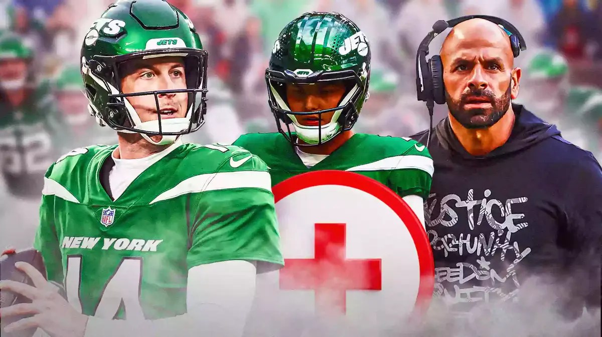 Trevor Siemian (Jets) on left side of graphic with Robert Saleh and Zach Wilson on the right side. Put medical symbol next to Zach Wilson.