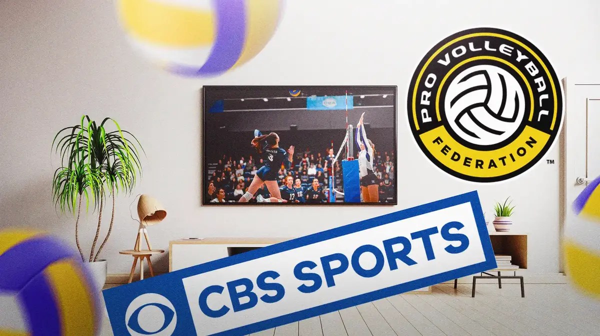 The Pro Volleyball Federation logo (pro volleyball federation - Google Search ) and the CBS Sports logo, with volleyballs along the border of the image, and a television in the background