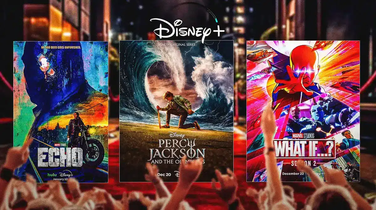 Disney+ logo with Echo, What If, and Percy Jackson and the Olympians posters.