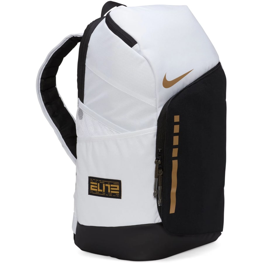 Nike Hoops Elite Backpack (32L) - White/Black/Metallic Gold colorway on a white background.