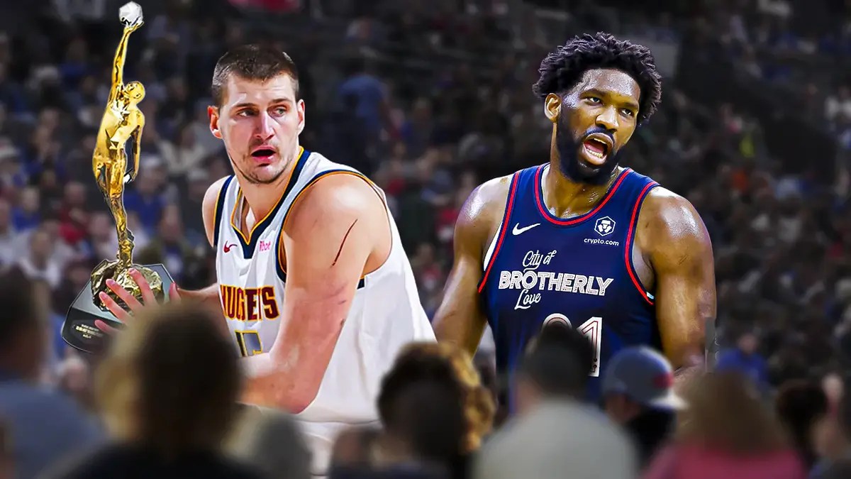 Nuggets' Nikola Jokic with MVP trophy next to 76ers' Joel Embiid