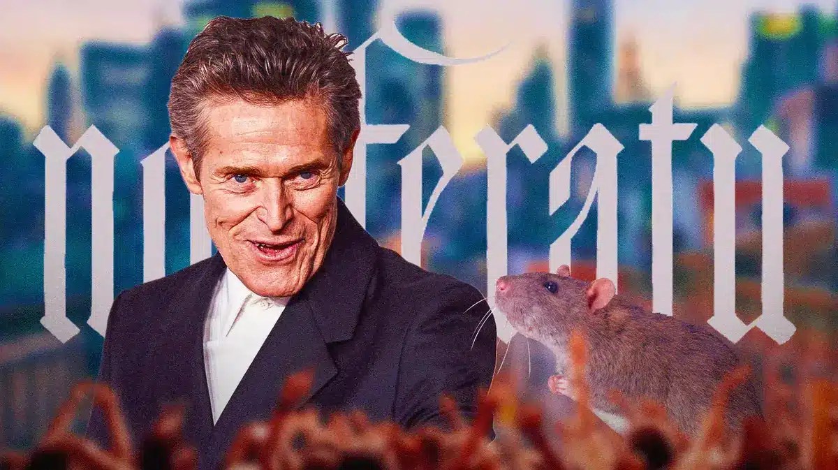 Willem Dafoe and a rat in front of Nosferatu remake logo.
