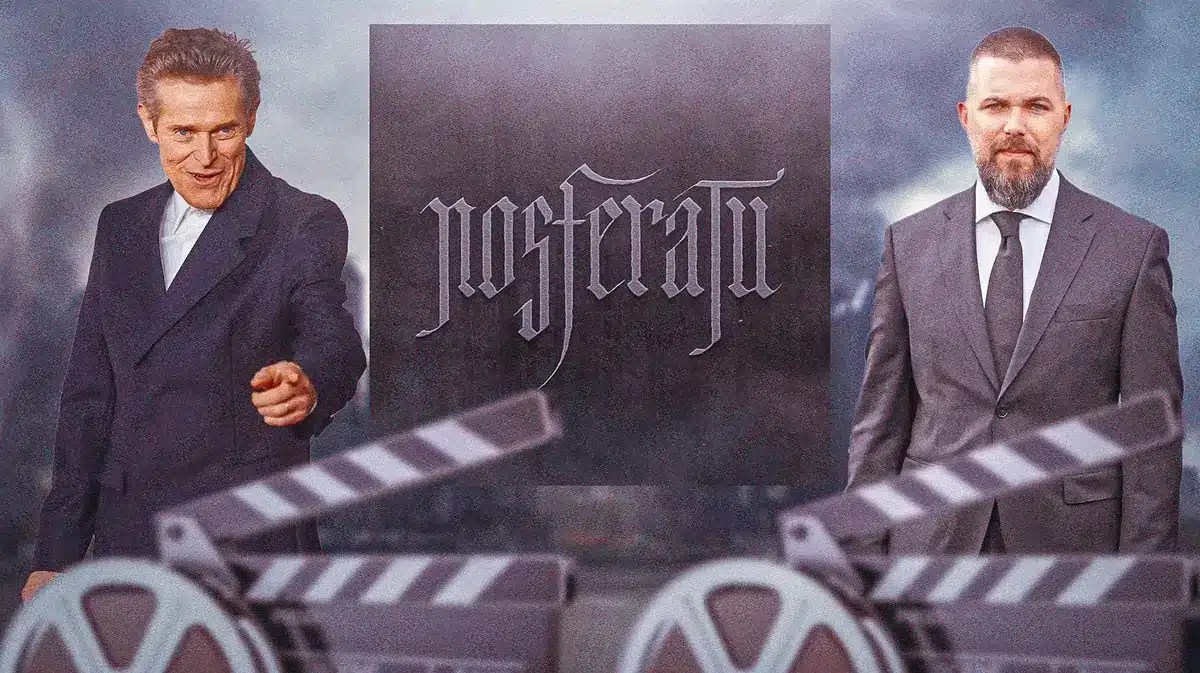 Willem Dafoe and Robert Eggers between Nosferatu remake logo.