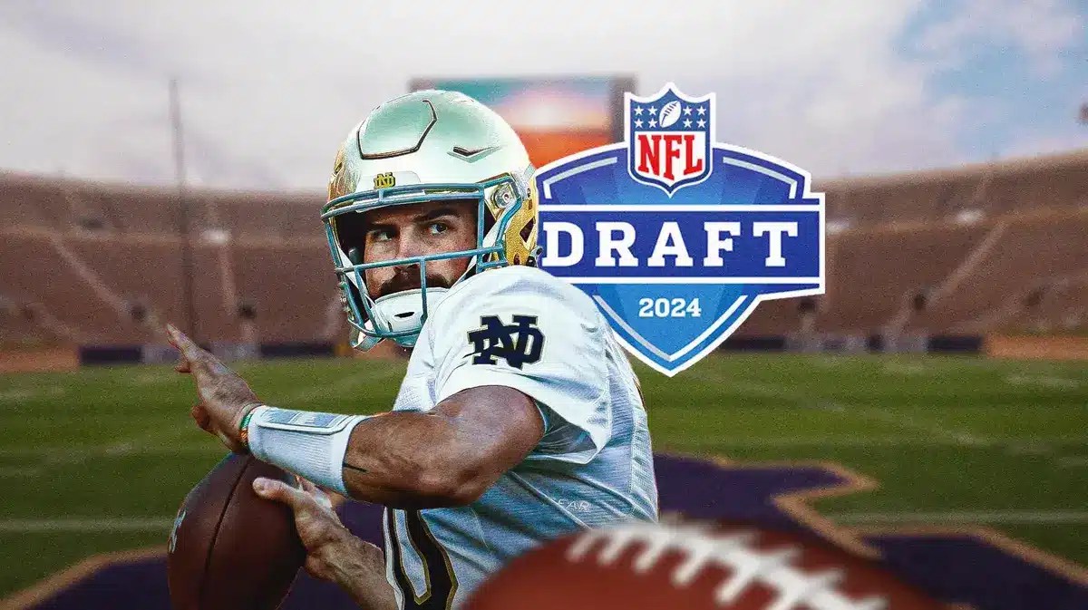 Photo: Sam Hartman in Notre Dame football jersey throwing football, 2024 NFL Draft logo in background