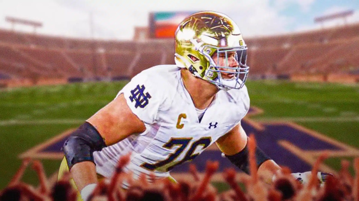 Notre Dame football, Fighting Irish, Joe Alt, Joe Alt NFL Draft, NFL Draft, Joe Alt in Notre Dame uni with Notre Dame football stadium in the background