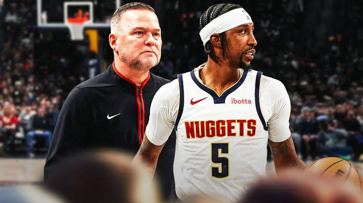 Michael Malone and Kentavious Caldwell-Pope with the Nuggets arena in the background