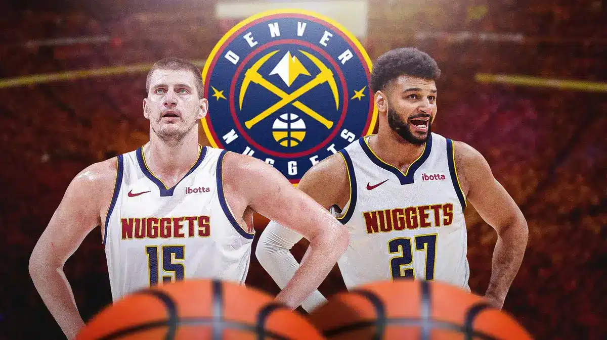 Nikola Jokic and Jamal Murray in image with Nuggets logo and basketball court in background