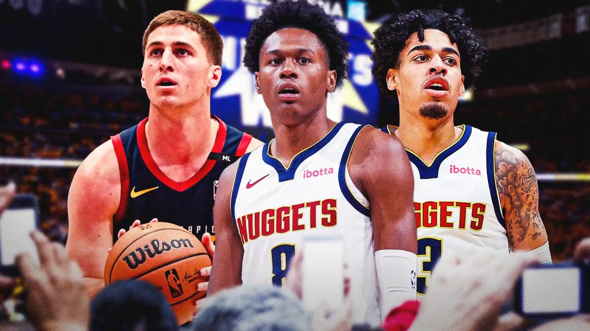 Peyton Watson, Collin Gillespie and Julian Strawther with the Nuggets arena in the background