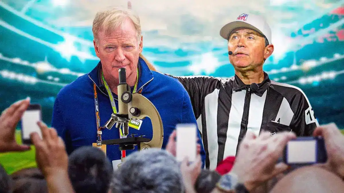 Photo: NFL officials (possibly Brad Allen if there’s a picture) with a Roger Goodell looking at them through a microscope