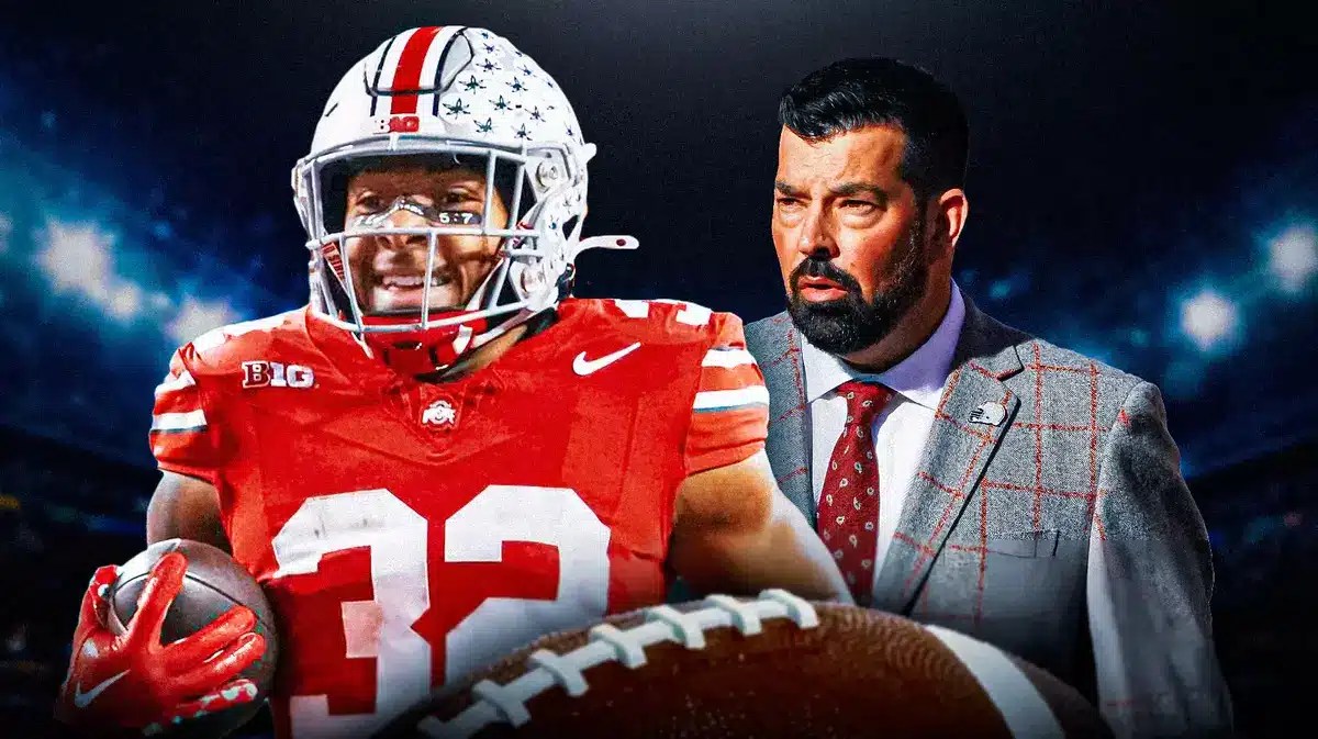 TreVeyon Henderson in action in Ohio State football jersey, head coach Ryan Day beside him