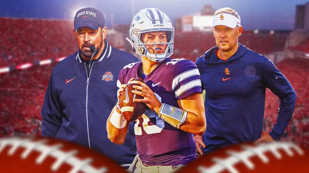 Ohio State coach Ryan Day, USC coach Lincoln Riley, and Kansas State transfer Will Howard