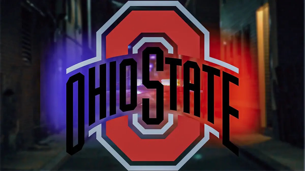 Ohio State logo with polic lights in the background