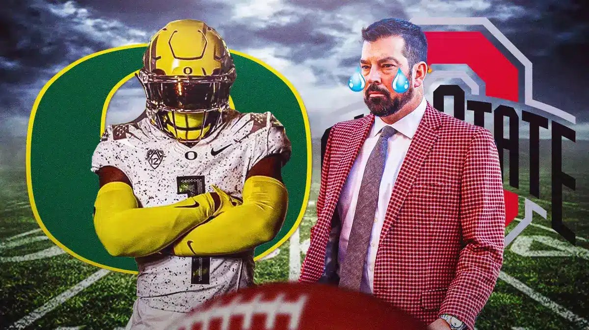 Jeremiah McClellan with the Ohio State and Oregon football logos in background. Have Ohio State’s Ryan Day crying tears in background.