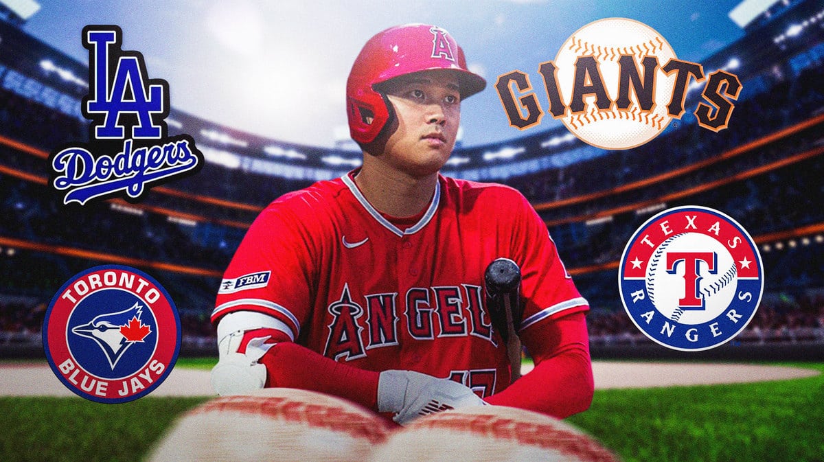 Shohei Ohtani in front. Dodgers logo, Blue Jays logo, SF Giants logo, and Rangers logo behind him.