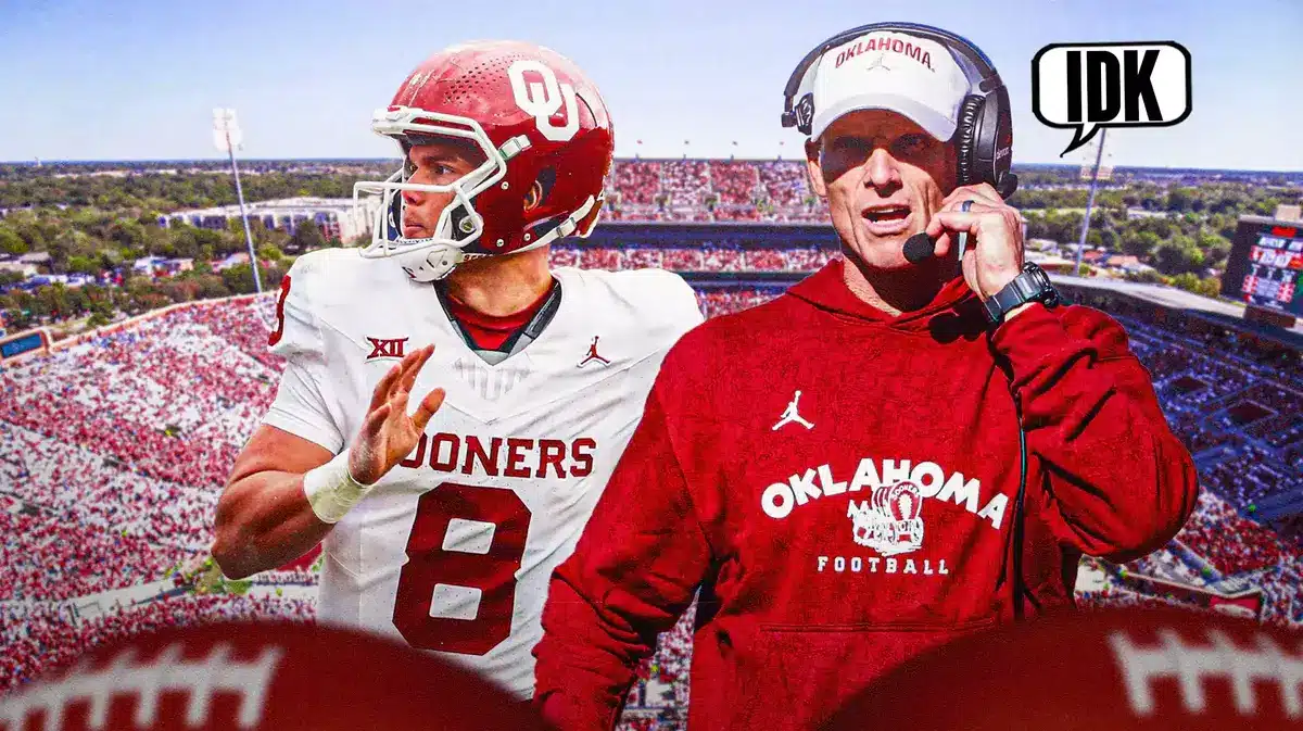 Photo: Brent Venables coaching Oklahoma football saying “IDK”, Dillon Gabriel in action in Oklahoma jersey beside him