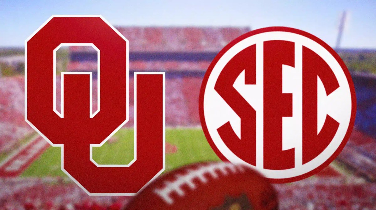 Oklahoma football, Sooners, SEC, SEC schedule, Oklahoma football schedule, Oklahoma and SEC logos with Oklahoma football stadium in the background