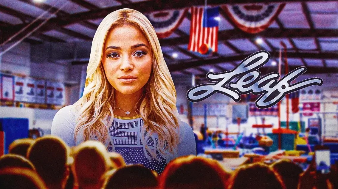 LSU gymnast Olivia Dunne at a gymnastics gym, with the Leaf trading logo
