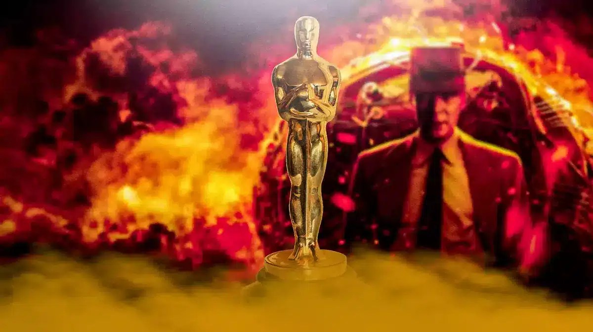 Oppenheimer poster with Oscars trophy.