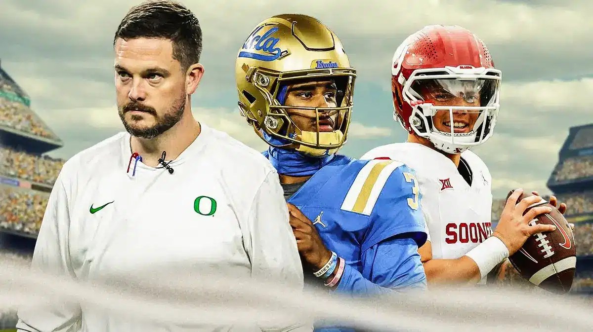 Oregon Football HC Dan Lanning with Dante Moore from UCLA and Dillon Gabriel