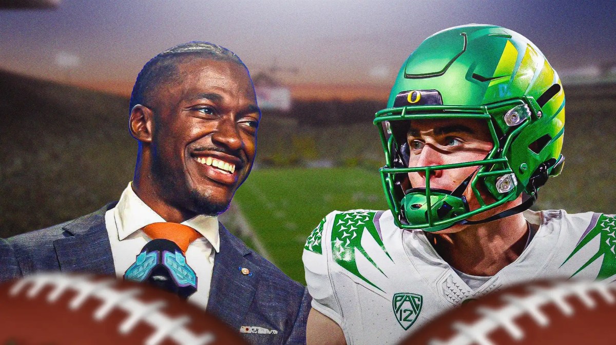 Oregon football, Ducks, Bo Nix, Robert Griffin III, Heisman, Robert Griffin III and Bo Nix (in Oregon uni) with Oregon football stadium in the background