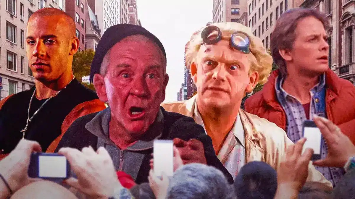 Vin Diesel from the Fast and the Furious, Rocky's trainer Mickey from the Rocky movies, and Doc Brown and Marty McFly from Back to the Future standing in front of New York City
