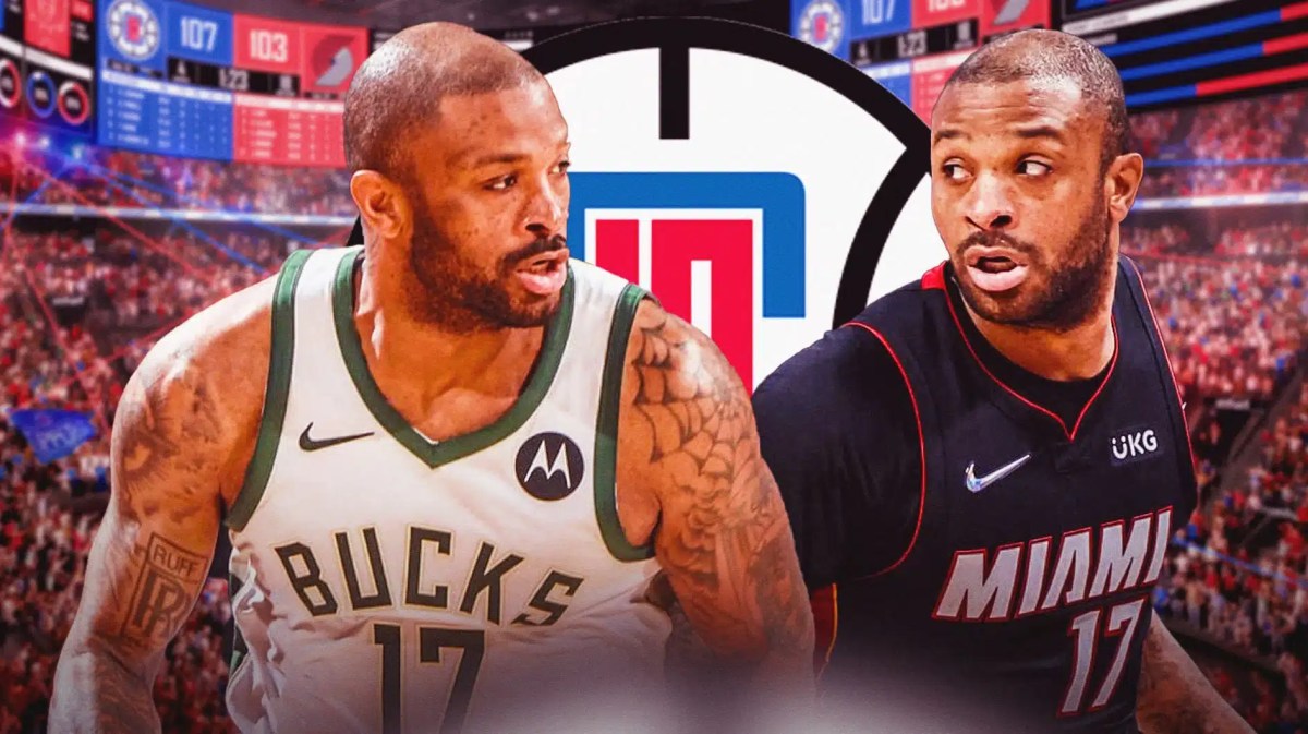 A double image of P.J. Tucker, one of him in a Bucks jersey and the other in a Heat jersey, also include the Clippers logo in the background, NBA trade deadline