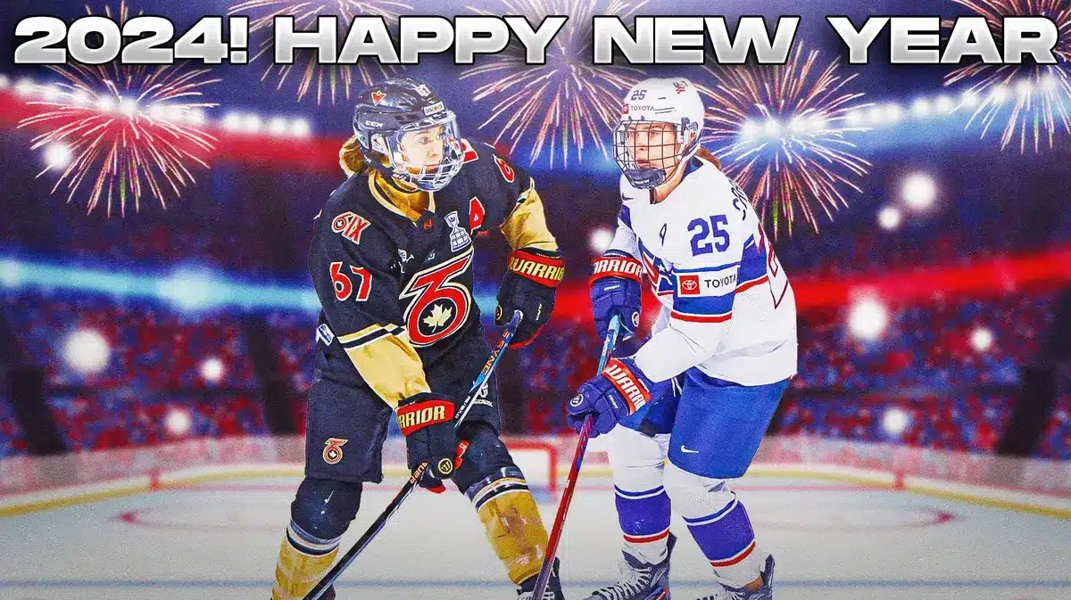 PWHL New York players Emma Woods and Alex Carpenter standing at a starting line for a race on ice rink. In background is a sign saying “2024! Happy New Year” with fireworks going off.