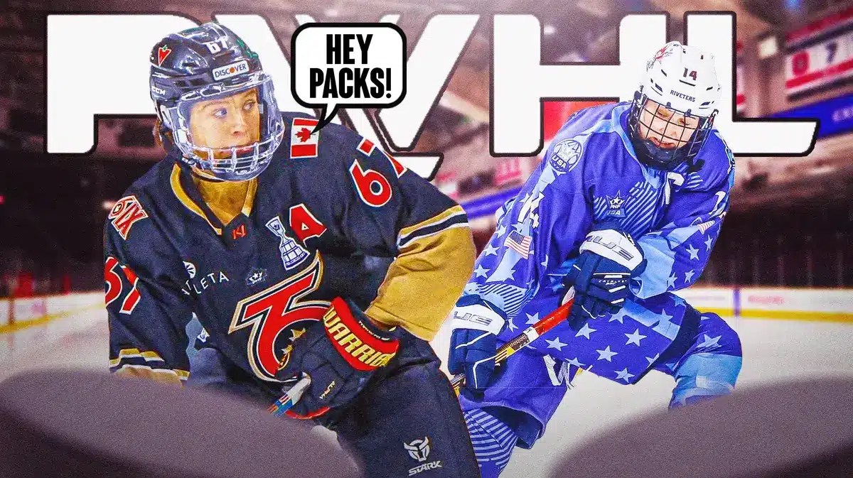 Emma Woods and Madison Packer skating on the ice, behind them is a PWHL sign. Woods is saying “Hey Packs!” looking at Packer.