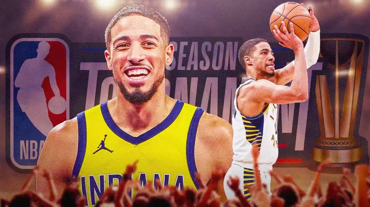 Pacers' Tyrese Haliburton in front of the logo for the NBA In-Season Tournament
