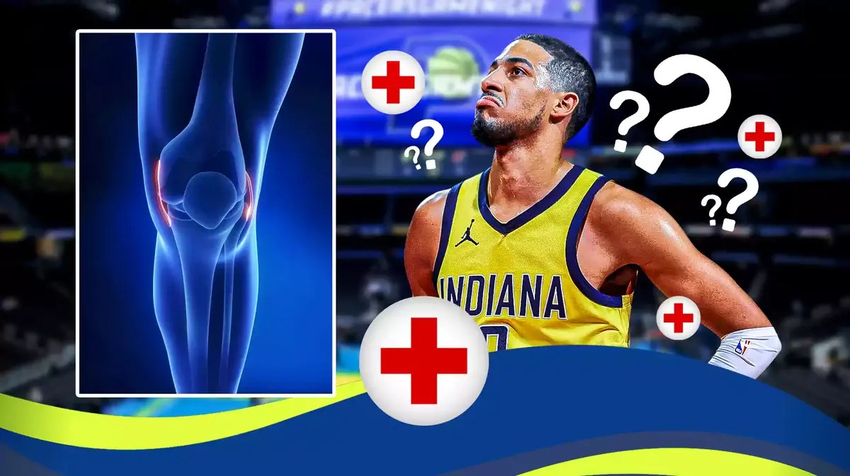Pacers' Tyrese Haliburton with a knee injury diagram beside him, question marks all over and a red medical cross