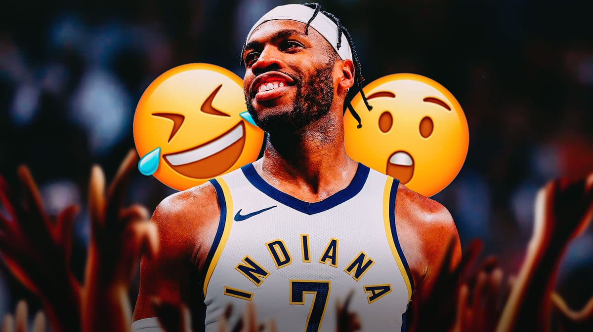 Buddy Hield shrugging with a smile. In the background put a shocked emoji and a laughing emoji