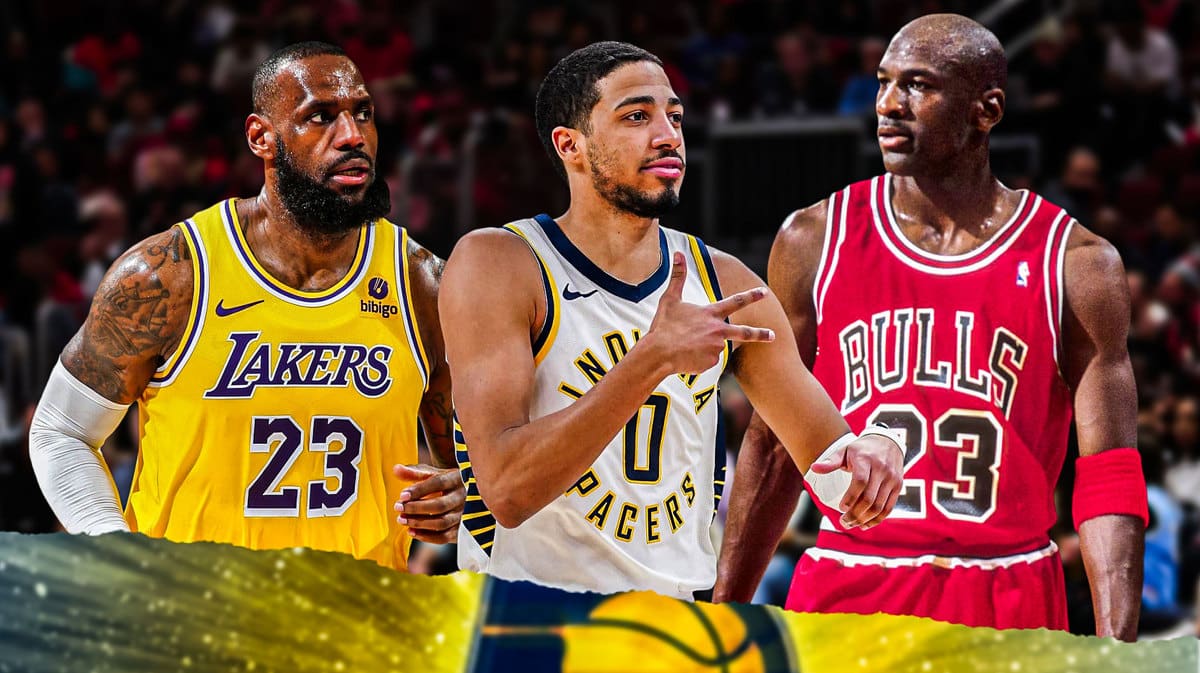 Tyrese Haliburton next to LeBron James, Michael Jordan