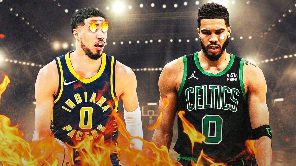 Tyrese Haliburton with fire aura. Jayson Tatum with animated tears