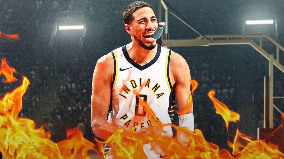 Tyrese Haliburton flexing or fired up with inhaler edited to his face